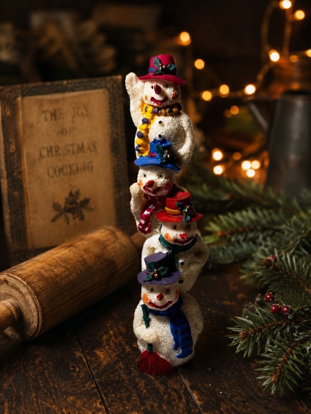 Vintage Stacked Snowmen Christmas Figurine 6.75” w/ Original Box Folk Art Decor